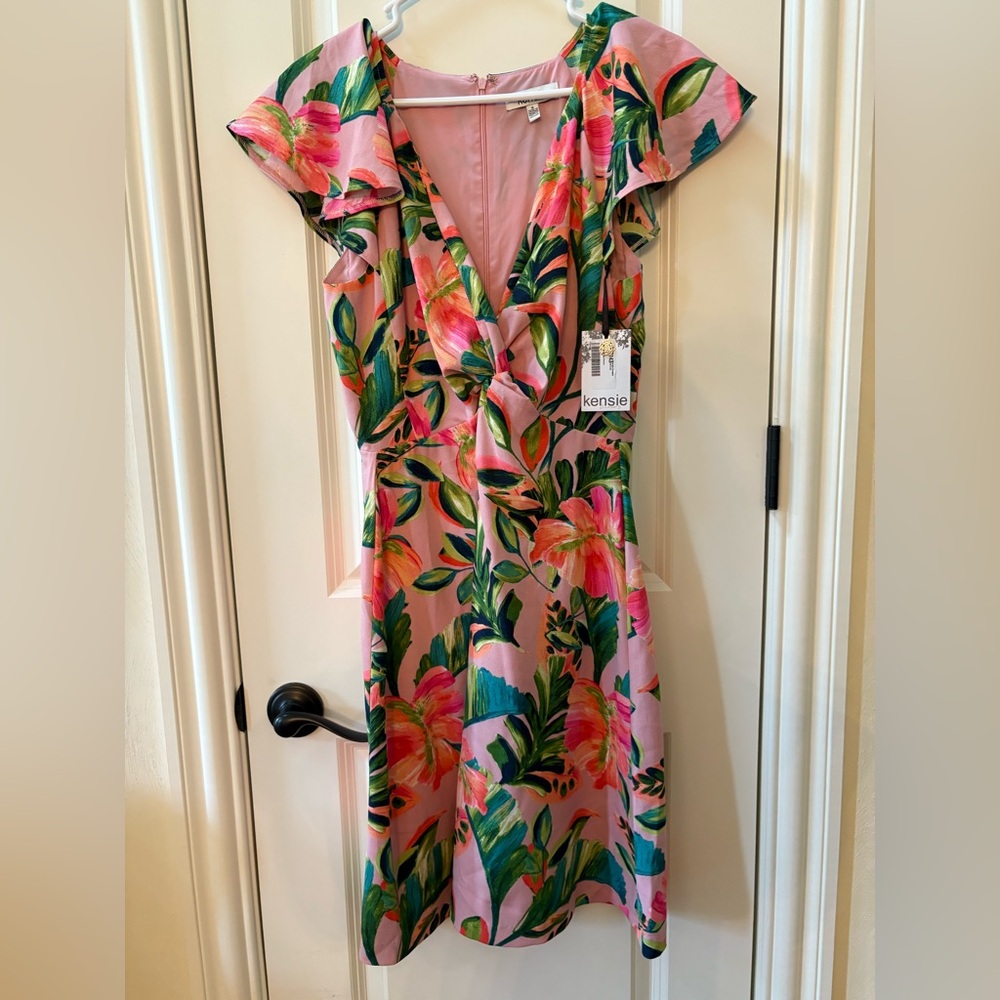Kensie Pink and Green Midi Dress with Plunge Neckline